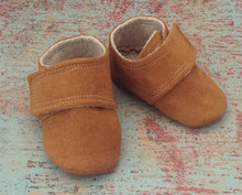 Load image into Gallery viewer, Tan Faux Suede Baby Shoes with straps | Newborn size up to 4T