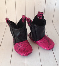 Load image into Gallery viewer, Pink Faux Snake Skin Baby Cowboy Boots with Leather | Newborn to 24 Month Sizes