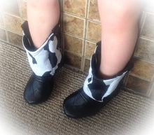 Load image into Gallery viewer, Black & White Cow Print Baby Cowboy Boots with Faux Leather