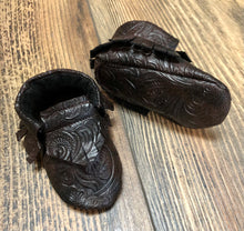 Load image into Gallery viewer, Tooled Brown Faux Leather Baby Moccasins | Newborn size up to 24 M