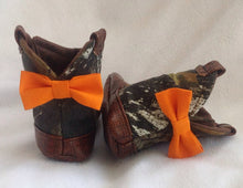 Load image into Gallery viewer, Mossy Camo Cowgirl Boots with Leather & Orange Bows  | Newborn size up to 24 Months