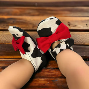 Cow Print Baby Girl Shoes with Bows | Newborn size up to 24 Months