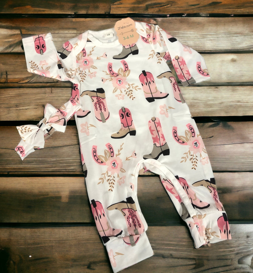 Pink Boots & Horseshoes Jumpsuit and matching Bow