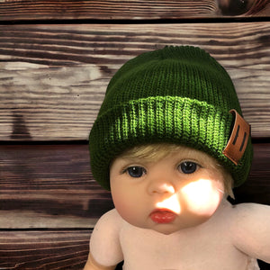 Knit Baby Beanie Hat - Dk Green or Beige