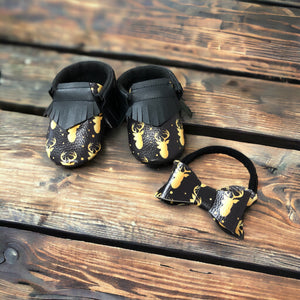 Christmas Deer Moccasins with Hair Bow | 6-9 M ONLY