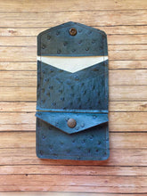Load image into Gallery viewer, Dark Brown Cow Print with Blue Ostrich | Tri-Fold Billfold