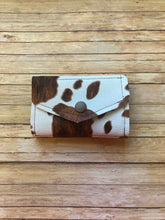 Load image into Gallery viewer, Dark Brown Cow Print with Blue Ostrich | Tri-Fold Billfold