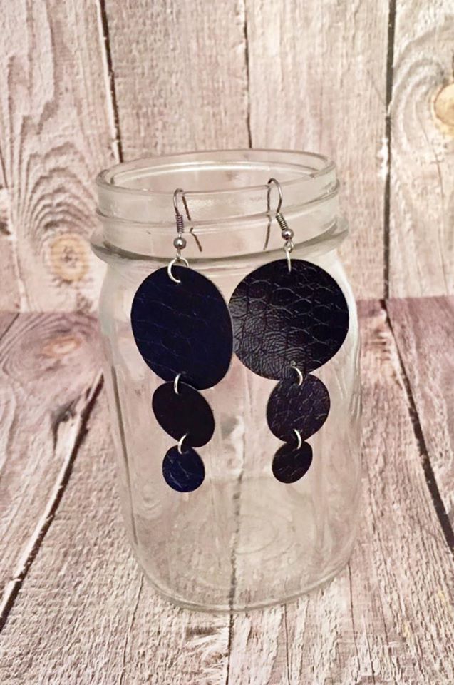 Black 3 Tier Faux Leather Earrings | 2
