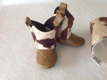 Load image into Gallery viewer, Brown &amp; White Cow Print Baby Cowboy Boots and Bib