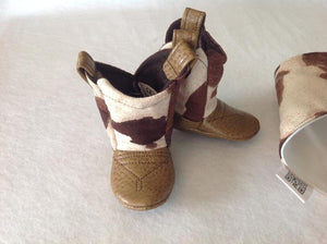 Brown & White Cow Print Baby Cowboy Boots and Bib