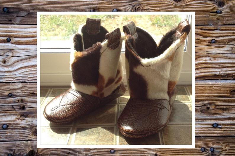 Brown & Ivory Cow Print FUR Baby Cowboy Boots