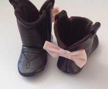 Load image into Gallery viewer, Dark Brown Faux Leather Baby Cowgirl Boots with Light Pink Bows