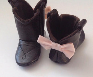 Dark Brown Faux Leather Baby Cowgirl Boots with Light Pink Bows