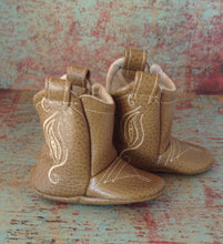 Load image into Gallery viewer, Light Brown Faux Leather Baby Cowboy Boots and Ivory Stitching | Newborn size up to 24 Months