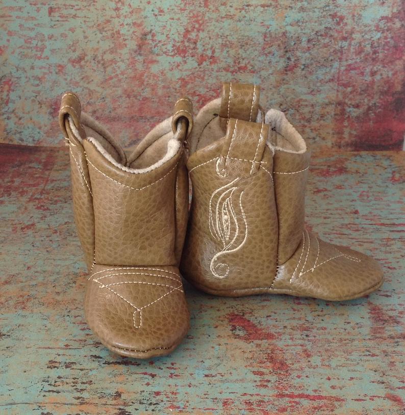 Light Brown Faux Leather Baby Cowboy Boots and Ivory Stitching | Newborn size up to 24 Months