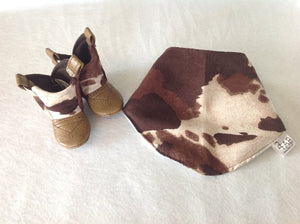 Brown & White Cow Print Baby Cowboy Boots and Bib