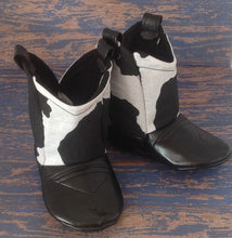 Load image into Gallery viewer, Black &amp; White Cow Print Baby Cowboy Boots with Faux Leather