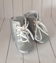 Load image into Gallery viewer, Silver Faux Leather Baby Boots | Alligator Texture | Newborn size up to 4T