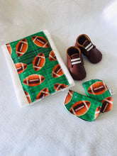 Load image into Gallery viewer, Football Leather Baby Shoes, Football Burp Cloth, and Football Seat Belt Covers Gift Set