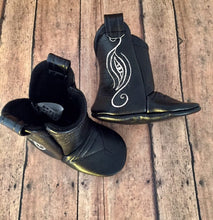 Load image into Gallery viewer, Black Faux Leather Baby Cowboy Boots and White Stitching