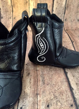 Load image into Gallery viewer, Black Faux Leather Baby Cowboy Boots and White Stitching