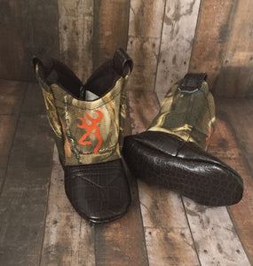 Max 4HD Camo Baby Cowboy Boots with Orange Deer | Newborn Size up to 24 Months