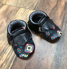 Load image into Gallery viewer, Black Southwest Aztec Baby Moccasins | Newborn size up to 24 M