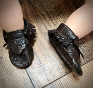 Tooled Brown Faux Leather Baby Moccasins | Newborn size up to 24 M