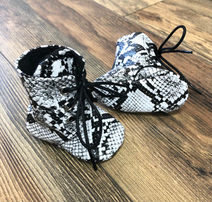 White Snake Skin Faux Leather Baby Boots