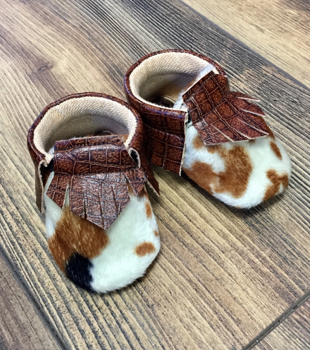 Fur Cow Print Baby Moccasins
