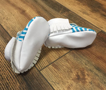 Load image into Gallery viewer, Turquoise and White Chevron Moccasins | Newborn size up to 24 M