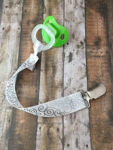 White with Silver Swirls Pacifier Clip