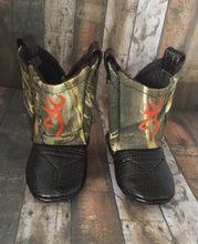 Load image into Gallery viewer, Max 4HD Camo Baby Cowboy Boots with Orange Deer | Newborn Size up to 24 Months