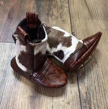 Load image into Gallery viewer, Brown &amp; Ivory Cow Print Baby Cowboy Boots