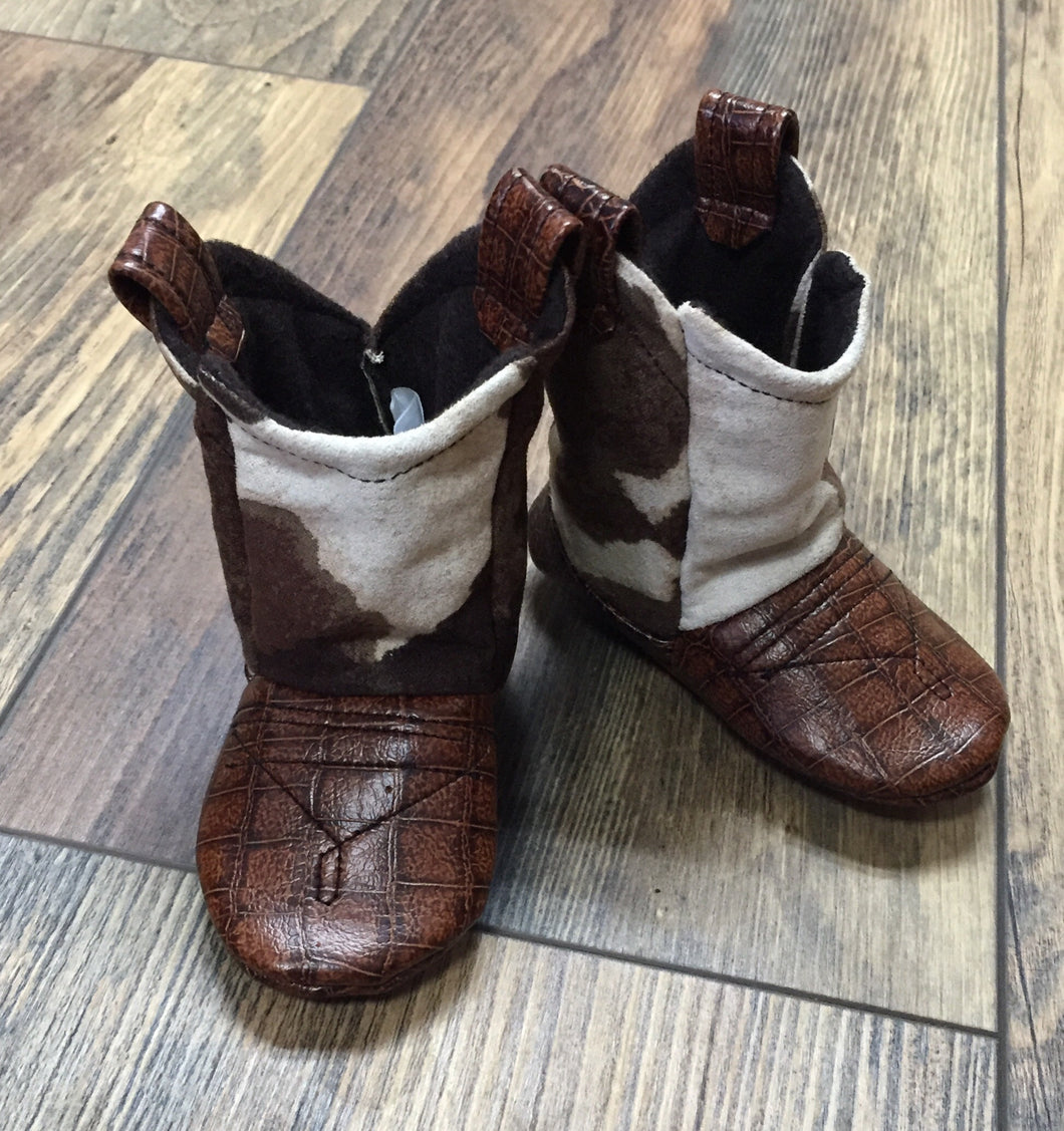 Brown & Ivory Cow Print Baby Cowboy Boots