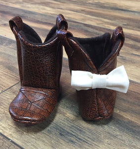 Brown Faux Leather Baby Cowgirl Boots with Ivory Bows