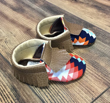 Load image into Gallery viewer, Aztec Print Baby Moccasins | Newborn size up to 24 M