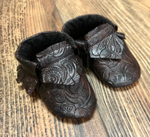 Load image into Gallery viewer, Tooled Brown Faux Leather Baby Moccasins | Newborn size up to 24 M