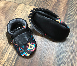 Black Southwest Aztec Baby Moccasins | Newborn size up to 24 M