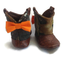 Load image into Gallery viewer, Mossy Camo Cowgirl Boots with Leather &amp; Orange Bows  | Newborn size up to 24 Months